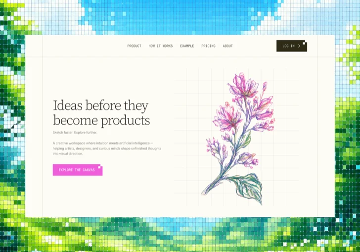 Landing page for a creative sketching workspace, with a botanical illustration