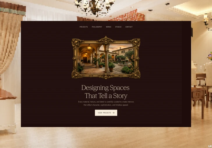 Interior design studio landing page with a gilded framed courtyard photograph