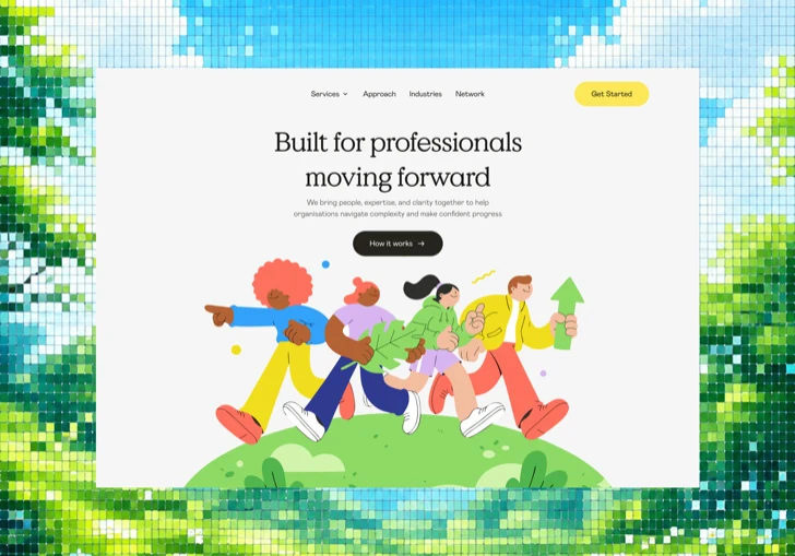 Professional services landing page with an illustrated group walking forward
