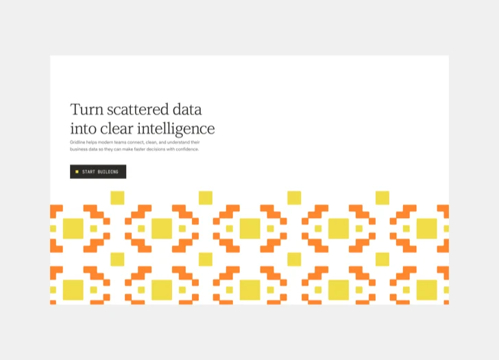 Data intelligence landing page with an orange and yellow geometric pattern