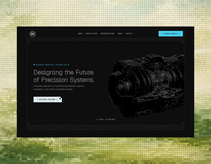 Industrial systems landing page with a dark precision engine render