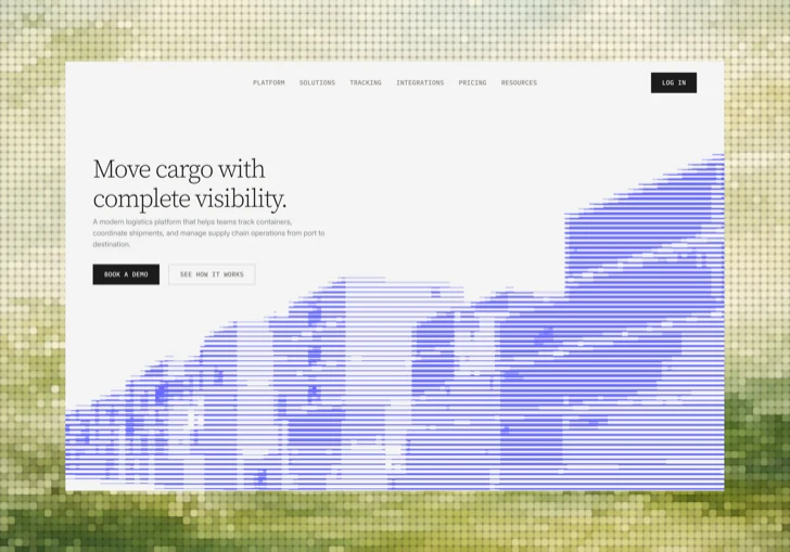 Logistics platform landing page with a layered cargo tracking visualisation