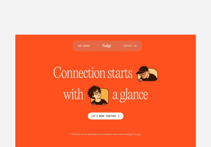 Design agency landing page in bright orange with character illustrations