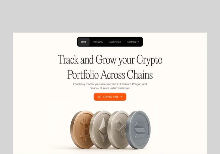 Crypto portfolio tracker landing page with three-dimensional coin renders
