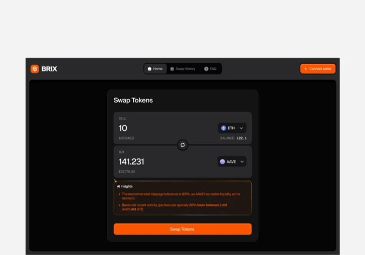 Token swap interface with an AI insights panel on a dark screen