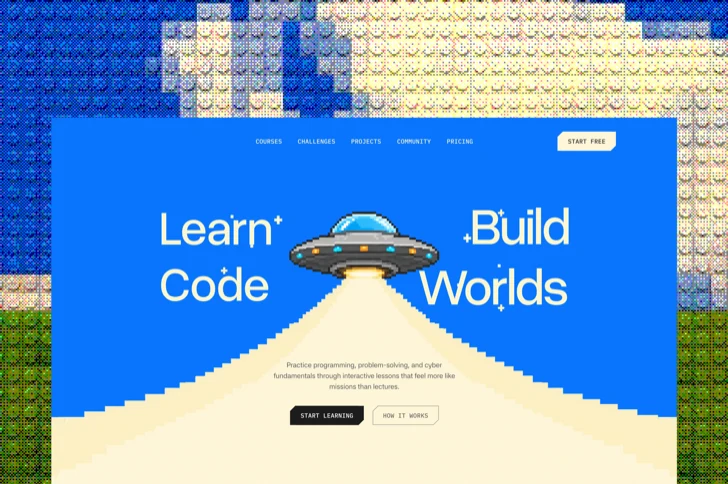 Learn-to-code platform landing page with pixel-art spacecraft artwork