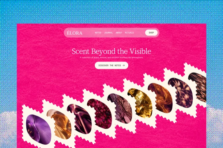 Fragrance brand landing page with a collage of stamp-shaped textures