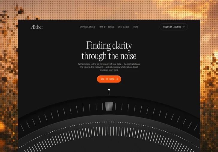 Data platform landing page with a dark precision dial interface